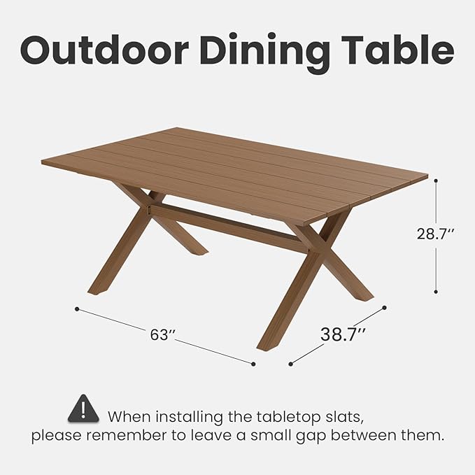 Aeeiua 63" x 38" Outdoor Dining Table, Rectangle Patio Table with Slatted Tabletop for Backyard, Garden, Deck, Poolside