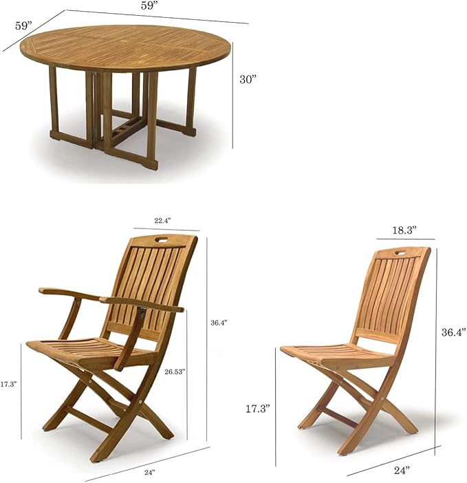 Indonesian Grade A Teak Outdoor Dining Set 7 Pieces. Patio Dining Set with One 59" Round Folding Round Table and 6 Folding Arm Chairs