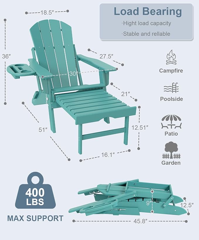 Adjustable Adirondack Chair with Retractable Ottoman Set of 8, HDPE Folding Adirondack Chair with Cup Holder, All Weather Fire Pit Chair for Outdoor.