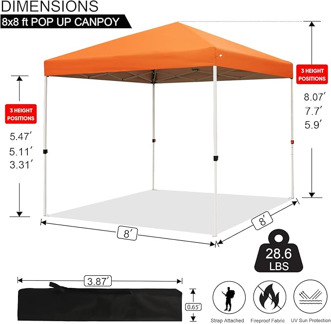 Northroad 8X8 FT Pop Up Canopy, Outdoor Instant Canopy Tent w/Carrying Bag, Portable Gazebo Shelter for Wedding Party,Commercial Event,Patio,Garden,Beach -Orange