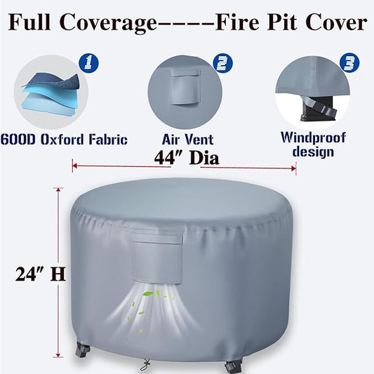 Chinchilla Heavy Duty 44 Inch Round Fire Pit Cover - 100% Waterproof & Weatherproof, Durable All-Season Protection for 41/42/43/44 Inch Propane Fire Pits and Tables