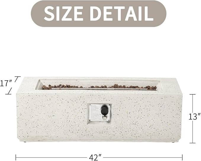 SUNBURY Outdoor 42 Inch Propane Fire Pit Table, Rectangular Fire Table, 40,000 BTU Spotted White Patio Gas Fire Table w Lava Rocks, Waterproof Cover