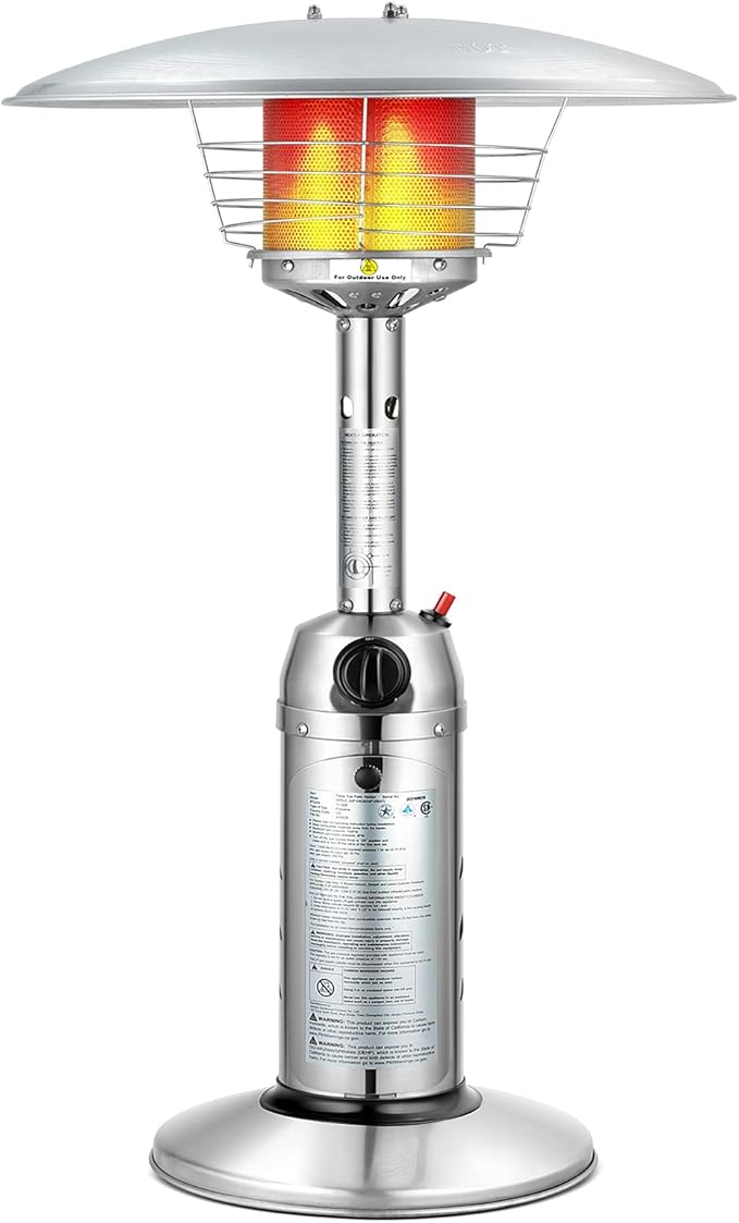 Tangkula Tabletop Propane Patio Heater, 11,000 BTU Portable Outdoor Heater W/Adjustable Flame, Simple Ignition System, Tipping-Over Protection, Ideal for Courtyard, Garden, Patio Restaurant (Silver)