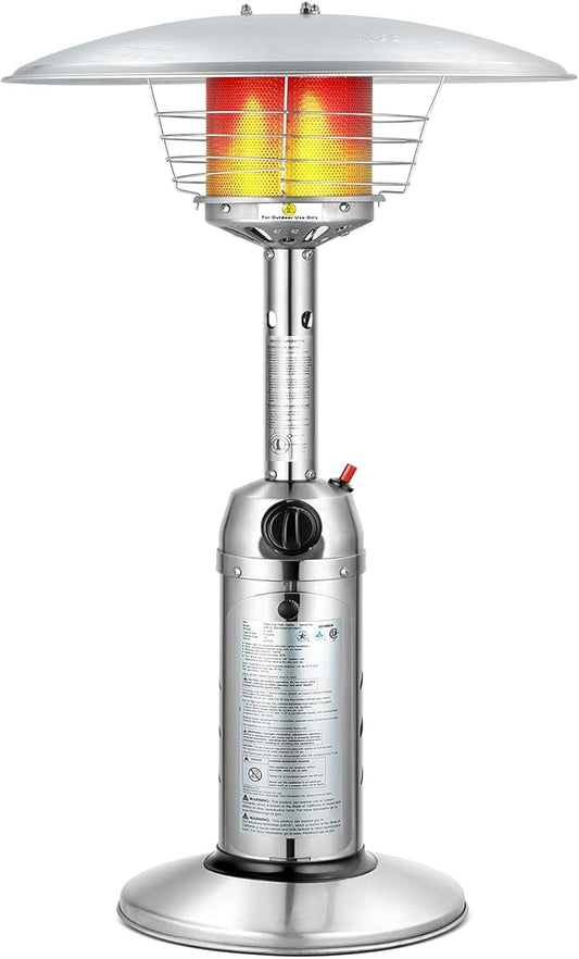 Tangkula Tabletop Propane Patio Heater, 11,000 BTU Portable Outdoor Heater W/Adjustable Flame, Simple Ignition System, Tipping-Over Protection, Ideal for Courtyard, Garden, Patio Restaurant (Silver)