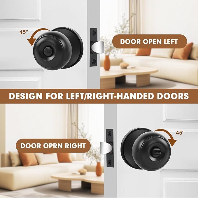 RAZCC Privacy Door Knobs, 3 Pack Matte Black Door Knobs with Lock, Bed and Bath Door Knob Interior Keyless Locksets, Round Door Handles Reversible for Left Right Handed Doors