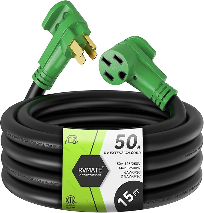 RVMATE 50 Amp 15 Feet RV/EV Extension Cord, Easy Plug in Handle, 14-50P to 14-50R with LED Indicator, ETL Listed, Come w/Storage Bag and Plastic Strap