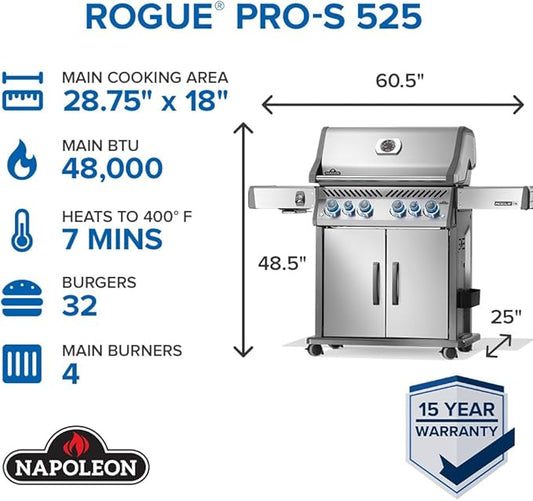 Napoleon Rogue PRO-S 525 Propane Gas Grill with Infrared Side and Rear Burners, Stainless Steel, Durable 6-Burner BBQ