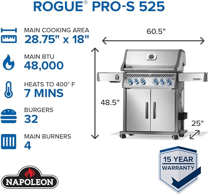 Napoleon Rogue PRO-S 525 Natural Gas Grill with Infrared Side and Rear Burners, Stainless Steel, Durable 6-Burner Cooking Surface