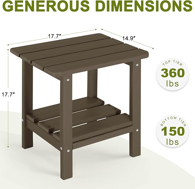 Adirondack Outdoor Side Table, 2-Tier Small Patio End Table, Weather Resistant HDPE Outdoor End Tables for Garden, Lawn, Pool, Beach, Porch, Deck, Backyard - Square, Dark Brown