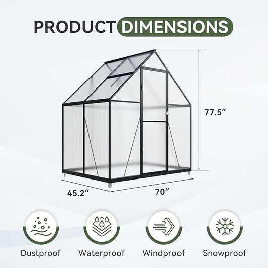 Aoxun 4x6 FT Outdoor Greenhouse,Sturdy Aluminum Frame, Polycarbonate Panels, Roof Vent, Ground Nails, Lockable Door,Quick Setup for Garden and Backyard, Black