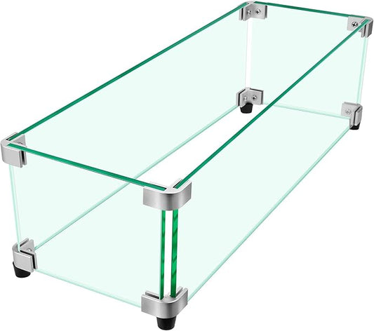 Fire Pit Wind Guard, 23.5" x 7.5" Square Tempered Glass Wind Shield for Firepit & Fire Table, Thick Glass and Easy Installation with Included Tools, Airflow Management for Stable Flame