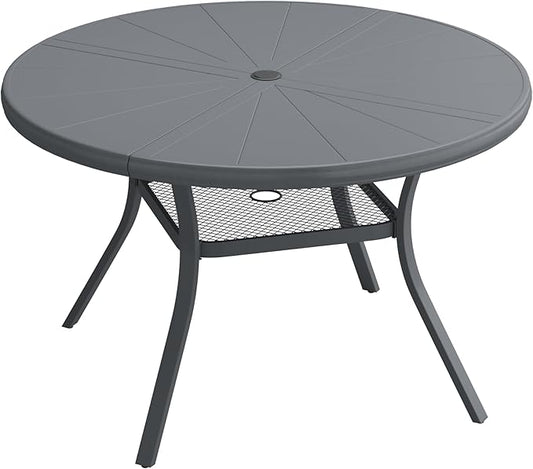 VICLLAX Round Patio Dining Table, 4 Person Aluminum Outdoor Dining Table with Umbrella Hole and Storage Shelf for Garden Lawn Deck, 40.6" Dark Grey