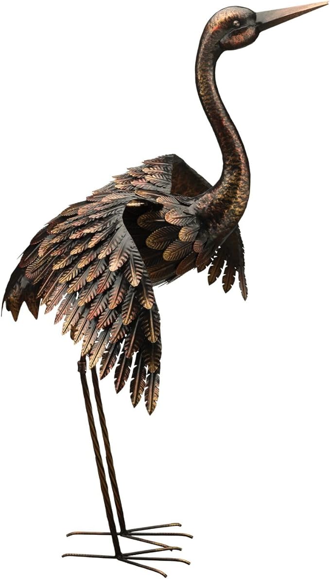 Regal Art & Gift Outdoor Garden Décor, Unique Bird Sculpture, Rustic Metal Bird Statues, Garden Ornaments, Bird Figurine for Lawn, Decorative Sculpture, Crane, Multi, Wings Down, 42" Height