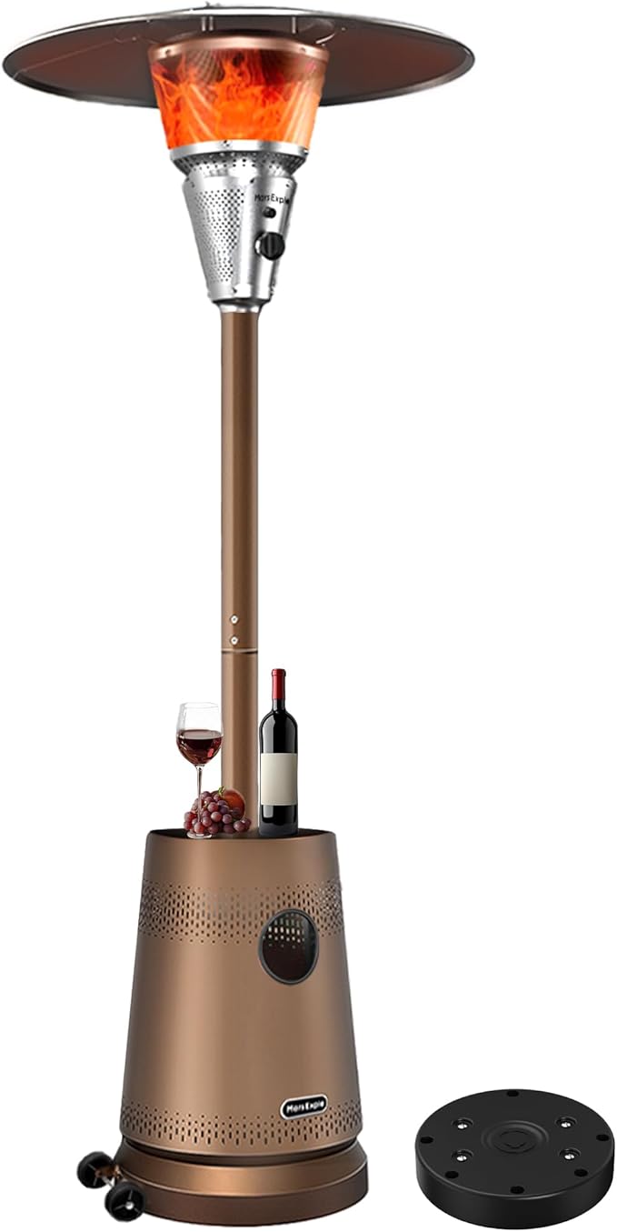 50,000 BTU Patio Heater for Outdoor Use With Adjustable Heat Focusing Top, Portable Propane Patio Heater with Wheels, Stainless Steel Burner for Porch Deck Garden (Basic Brown)