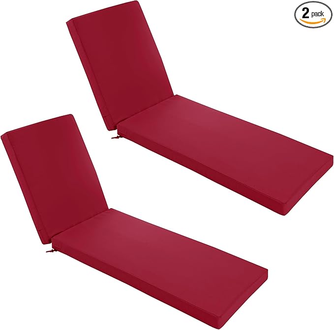 Chaise Lounge Cushions Outdoor Set of 2 - Waterproof and Fade Resistant Sun Lounger Replacement Cushions - Patio Lounger Pads with Removable Cover for Pool, Deck, Lawn, 72 x 21 x 3 Inch, Red