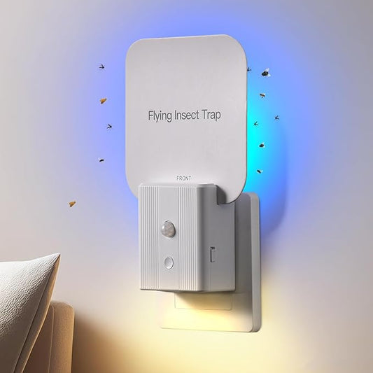 Fly Trap Indoor, 2 in 1 Plug in Fruit Fly Traps for Indoors with Auto Night Light Gnat Traps for House Indoor Flying Insect Trap for Fruit Flies Moths Mosquito (1 Device + 5 Glue Cards)
