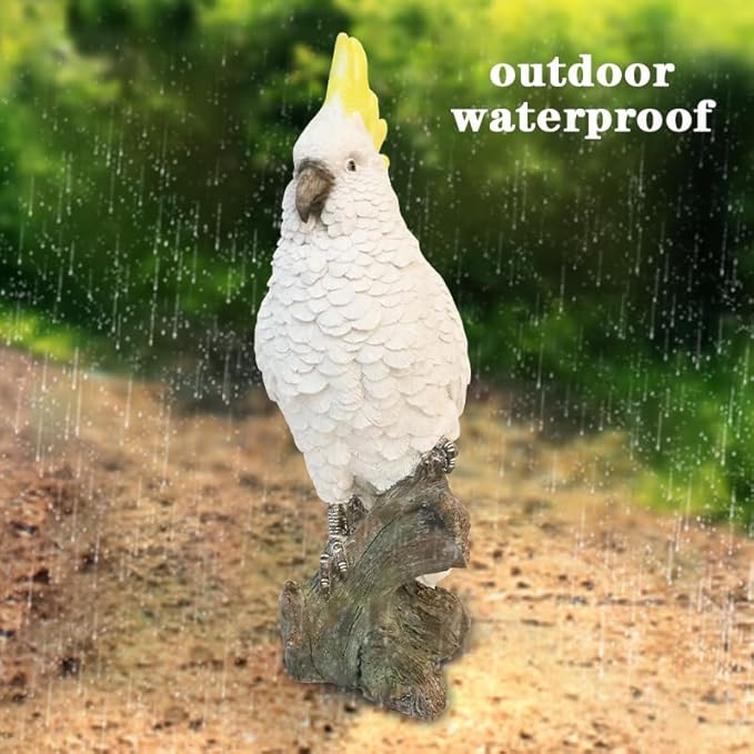 VV-Ladybug Decorative Parrot Garden Statue, Garden Decor Sculptures Statues Outdoor, Cockatoo Bird Tropical Indoor Desk Decor, Yellow White, 14.96 inches high