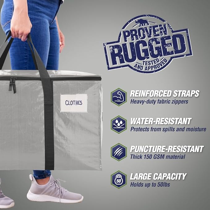 RUGGED RHINO 6 Pack Heavy Duty Extra Large Moving Bags, Durable Bag with Strong Handles and Zipper, Moving Boxes Alternative for College Packing, Holiday Décor, Space Saving Storage with Label, Silver