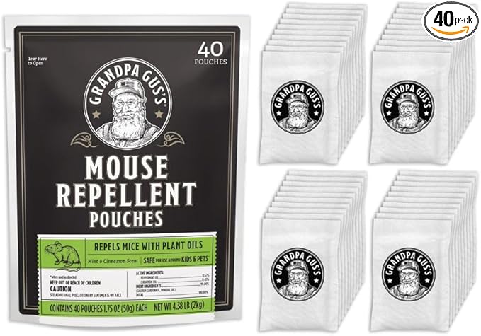 Grandpa Gus’s Extra-Strength Mouse Repellent Pouches, Peppermint & Cinnamon Oil, Natural Rodent Deterrent Control for Garage, RV, Car, Basement, Attic, Storage, 1.75 Oz (Pack of 40)
