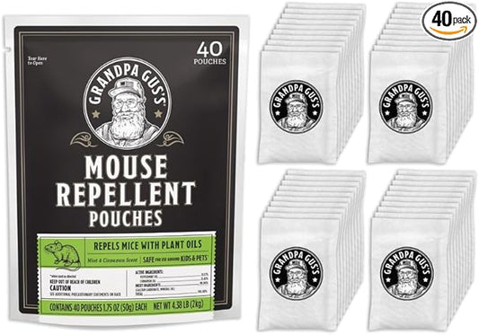 Grandpa Gus’s Extra-Strength Mouse Repellent Pouches, Peppermint & Cinnamon Oil, Natural Rodent Deterrent Control for Garage, RV, Car, Basement, Attic, Storage, 1.75 Oz (Pack of 40)