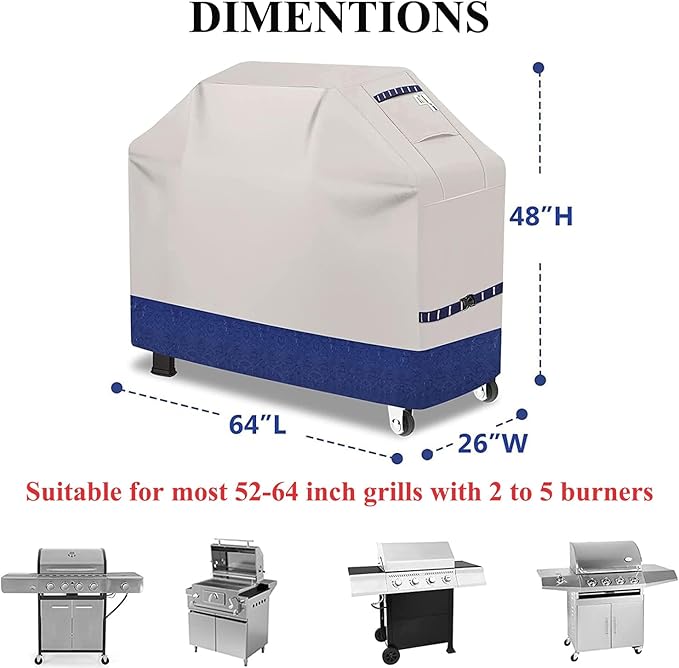 Kiafmol Grill Cover for Outdoor Grill 600D Heavy Duty 64Inch Waterproof,UV & Fade Resistant,BBQ Cover with Adjustable Straps,BBQ Grill Cover for Weber,Blackstone,Charbroil etc,Blue with Print