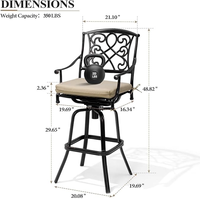 Crestlive Products Outdoor Bar Stools with Sunbrella Cushion Set of 2, 360° Swivel Patio Bar Height Chairs, All Weather Heavy Duty Commercial Grade Furniture, Antique Brown Finish for Outside (Tan)