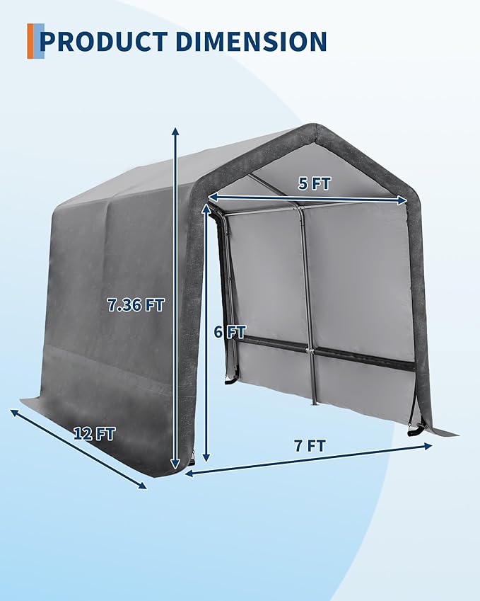 7X12 FT Heavy-Duty Portable Outdoor Storage Shed with Roll-Up Zipper Door & Vent, 240g Waterproof Carport Storage Shelter, UV-Resistant Canopy for Motorcycle, Firewood, Tools -Gray ﻿