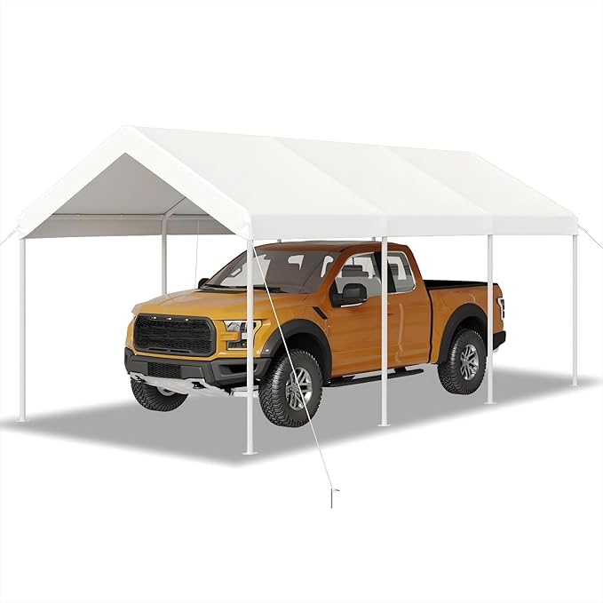 Aoxun 10x20 FT Premium Heavy Duty Carport with Tarp & Wind Resistance Portable Carport Car Tent Outdoor Car Port with Tear Resistant Canopy, No Sidewall - Milky White
