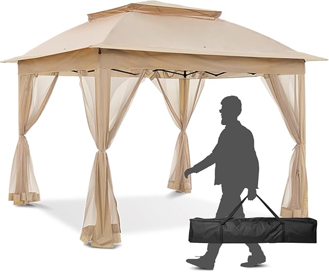 INTER HUT 11x11 Outdoor Pop up Gazebo Tent with Mesh Walls for Patio, Lawn, Backyard and Deck, Khaki