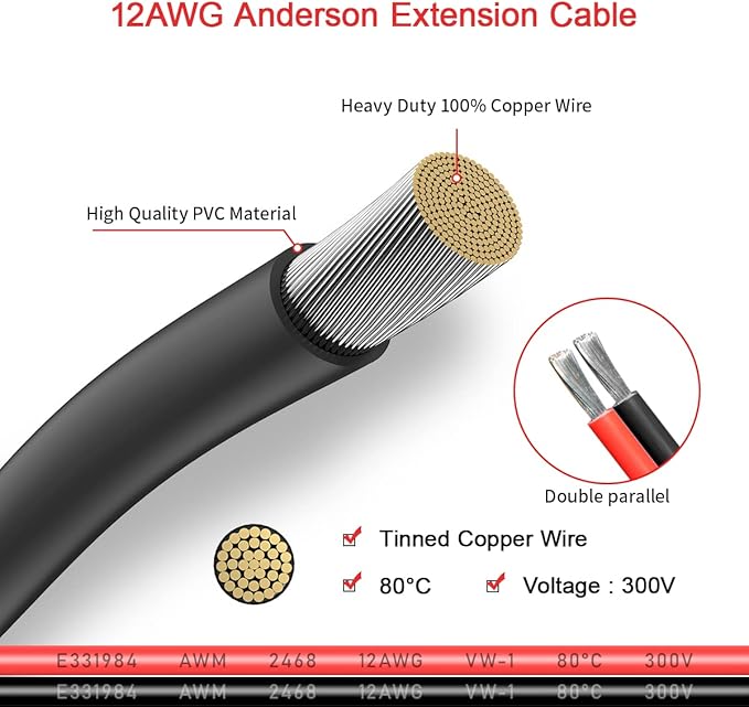 ELFCULB 12AWG 20FT Anderson Extension Cable 2 6 10 20 35 50FT Solar Extension Cable Anderson Connector for Portable Power Station Solar Generator Solar Panel (20FT)