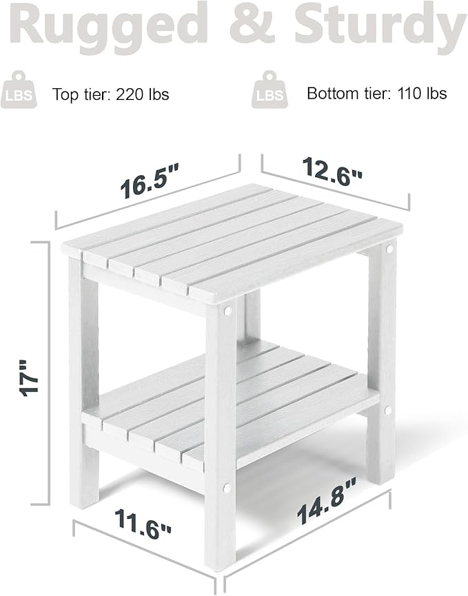 PASAMIC 2-Tier Adirondack Square Outdoor Side Table, HDPE Small Outdoor Table, Patio End Table for Patio, Pool, Backyard, Weather-Resistant (White)