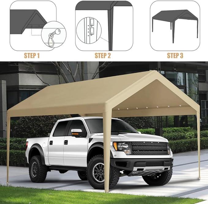 Carport Replacement Canopy, Replacement Top Cover for 10' x 20' Carport Frame, 180G PE Fabric Waterproof & UV Protected Tarp with Ball Bungees, Beige (Only Top Cover, Frame is not Included)