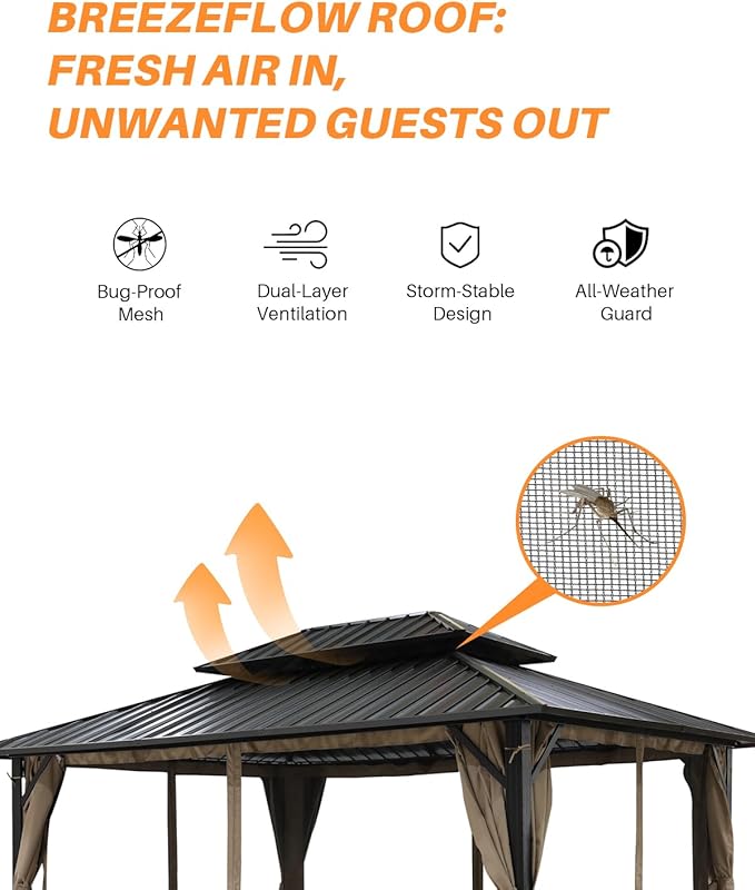 SEEHILL 10' x 12' Hardtop Gazebo, Aluminum Frame Outdoor Patio Gazebo with Netting and Curtains, Outdoor Hardtop Gazebos, Patio Pergolas with Double Metal Roofs for Backyard, Patio, Deck, Sandstone