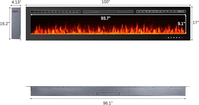 CharaVector 100 inch 750W/1500W Electric Fireplace Inserts with Remote Control in Wall Mounted, Energy Saving LED Insert Fireplace Heater Indoor Glass View with Remote Control & Touch Screen, Black