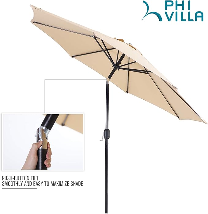 PHI VILLA 9ft Patio Umbrella Clearance, Outdoor Market Table Umbrellas with 8 Ribs and Push Button Tilt for Garden Deck & Poolside (No Base)