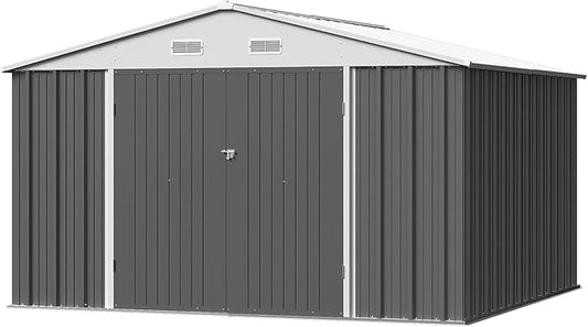 Furniwell 10x10 FT Outdoor Storage Shed, Metal Garden Sheds Outdoor Storage House with Single Lockable Door for Backyard Patio Lawn, Gray