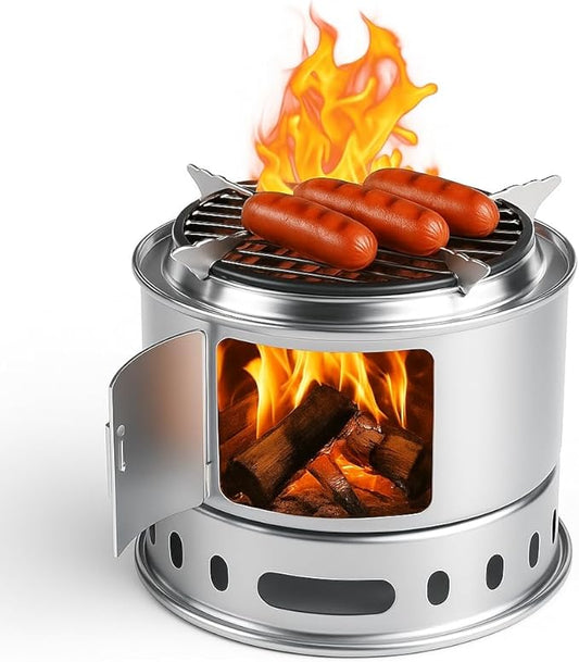 5-in-1 Portable Outdoor Fire Pit with Grill Plate & Cooking Grate – 11.5” Smokeless Wood-Burning Design for Camping, Patio Bonfire, Includes Carry Bag & Pot Stand