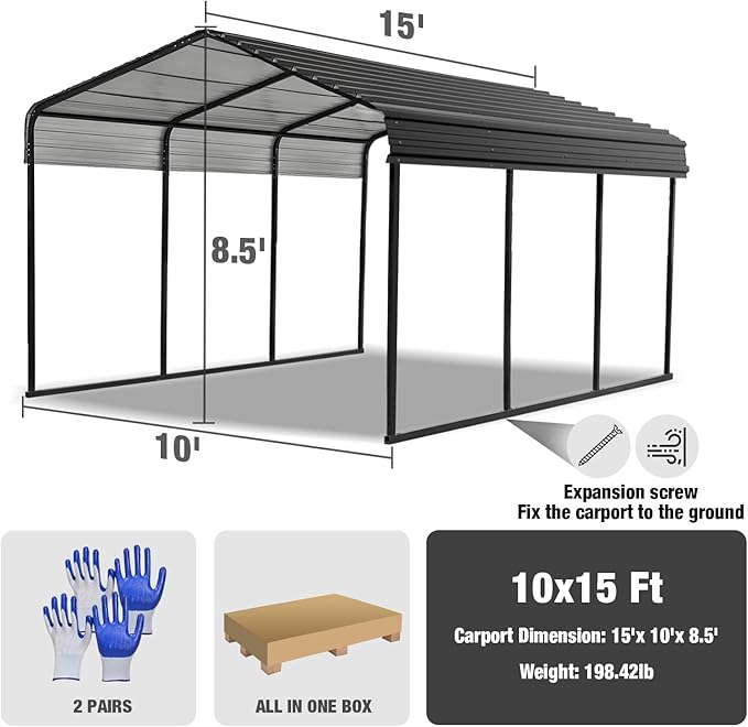 TCE Metal Carport Canopy 10x15 Heavy Duty,Multi-Use Canopy Garage Shed,Portable Car Garage with Enhanced Metal Frame, Outdoor Car Shelter for Car, Boats and Tractors