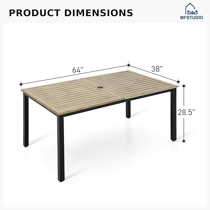 MFSTUDIO Outdoor Patio Dining Table for 6, Rectangle Metal Patio Table 64"x38" Wood-Like Tabletop with Adjustable Umbrella Hole for Deck,Backyard,Lawn,Garden