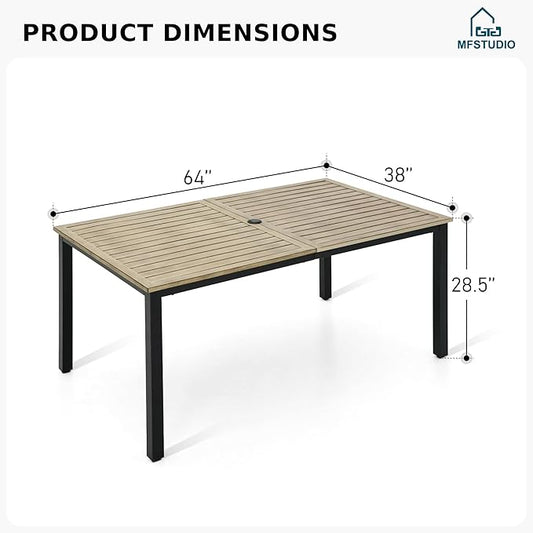 MFSTUDIO Outdoor Patio Dining Table for 6, Rectangle Metal Patio Table 64"x38" Wood-Like Tabletop with Adjustable Umbrella Hole for Deck,Backyard,Lawn,Garden