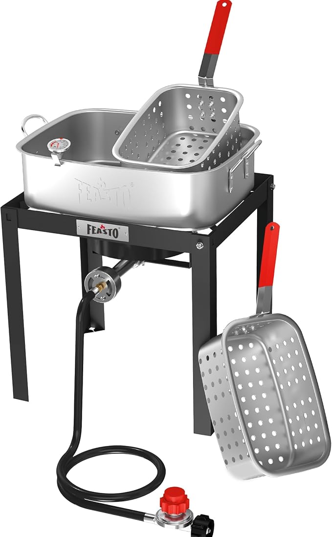 18 QT Propane Fish Fryer with 2 Inner Baskets, Outdoor Aluminum Deep Fryer Seafood Pot and Basket for Frying Fish, Chicken Wings, French Fries, 40,000 BTUs Burner, Silver & Black