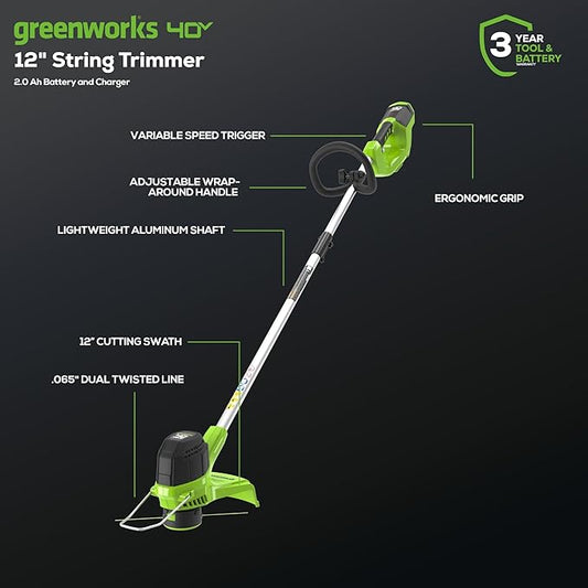 Greenworks 40V Cordless Yard Tool Combo Kit with 2.0Ah Battery & Charger – 12" Auto Feed String Trimmer and 390 CFM Leaf Blower, Lightweight Design