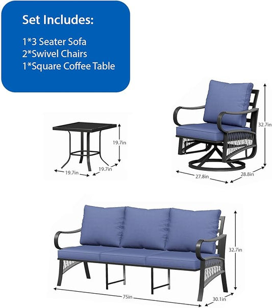 4 Piece Patio Furniture Set, All Weather Metal Outdoor Conversation Set with Swivel Chairs, Thick Cushions and Coffee Table for Garden, Porch, Lawn, Blue