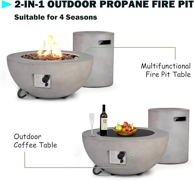 31.5" Round Propane Fire Pit Table,50,000 BTU Outdoor Gas Fire Table with Tank Cover & Lid,Gray Concrete Firepit for Patio,Backyard,Garden and Pool
