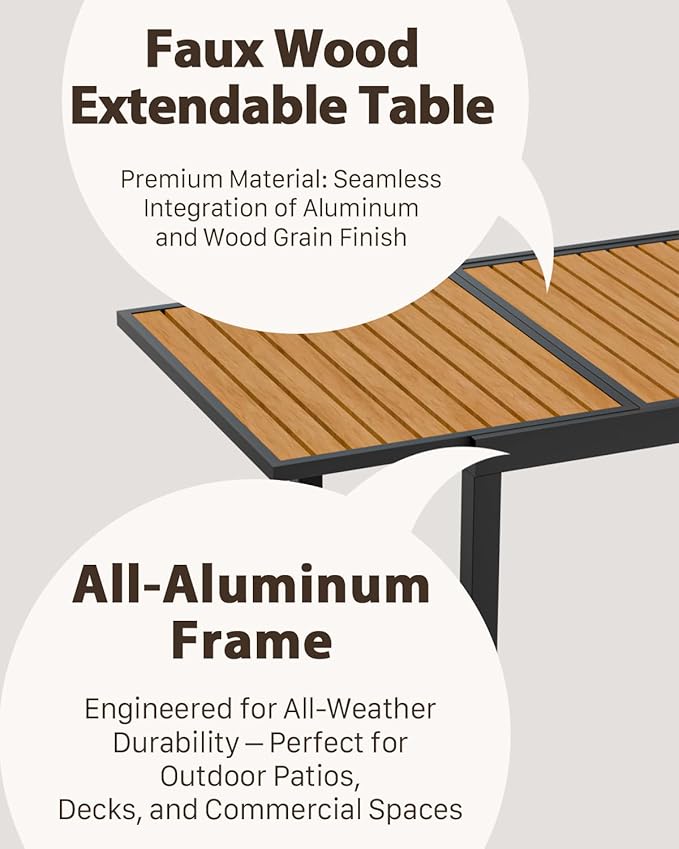 ZANDOR Expandable Patio Dining Table for 4-8 People, Aluminum Outdoor Square Table(55"-82.7") with Safety Lock,Adjustable Height-Wood Grain for Backyard,Garden,Porch, Yard,Poolside,Grey