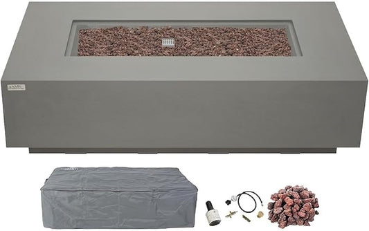 AMS Creations | Madison 60" Rectangular Propane Gas Outdoor Fire Pit Table | Light Gray Concrete GFRC | Smooth Texture or Surface | Electronic Ignition | Outside Backyard Fireplace