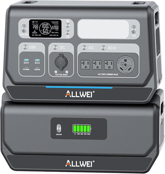ALLWEI 2400W Portable Power Station with a B200 PRO Expansion Battery, 4096Wh LiFePO4 Battery 4 AC Outlets Up to 2400W for Home, Outdoor Camping, RV, With 1500W AC Charging &1200W Solar Charging