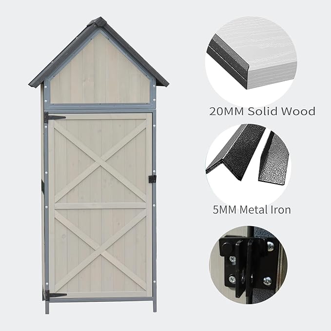 Outdoor Sheds Storage, 2.5x5.6FT Vertical Storage Sheds, Wooden Sheds with Metal Frame, Large Capacity Storage, Box for Backyard Garden Patio Lawn (Gray)