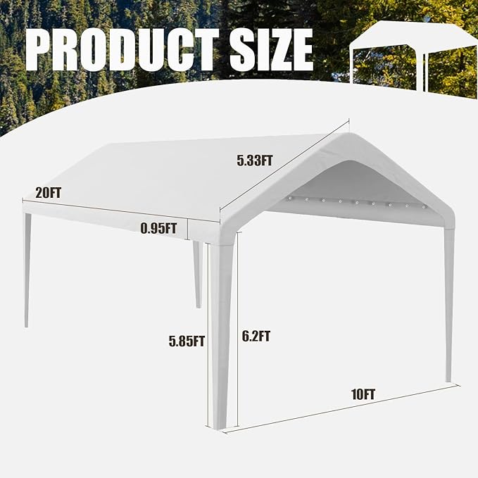 Carport Replacement Canopy 10'x20' for Tent Top Garage Shelter With Ball Bungees, 800D Oxford Waterproof & UV Protection Cover, Not Included Frame (Off-White)