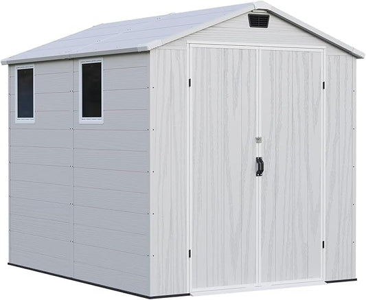 Patiowell 6x8 FT Outdoor Storage Shed with Floor, Resin Garden Tool Shed with Lockable Door & Windows, Weather-Resistant for Lawn Mower, Patio Furniture, Backyard Storage (Light Gray)
